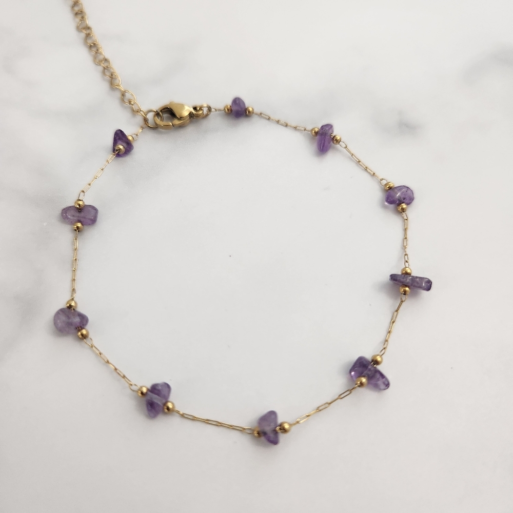 Minimalist Purple Dainty Stones 18K Gold Plated Anklet - Picture 12 of 15